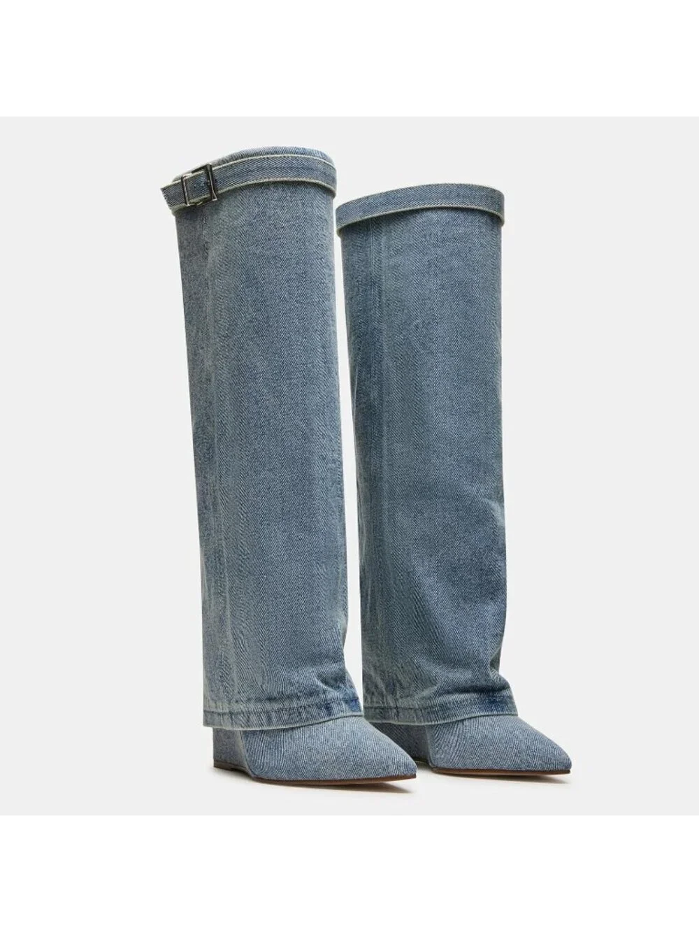 Women's Denim Fold Over Wide Calf Wedge Heel Knee High With Decorative Lock Boot